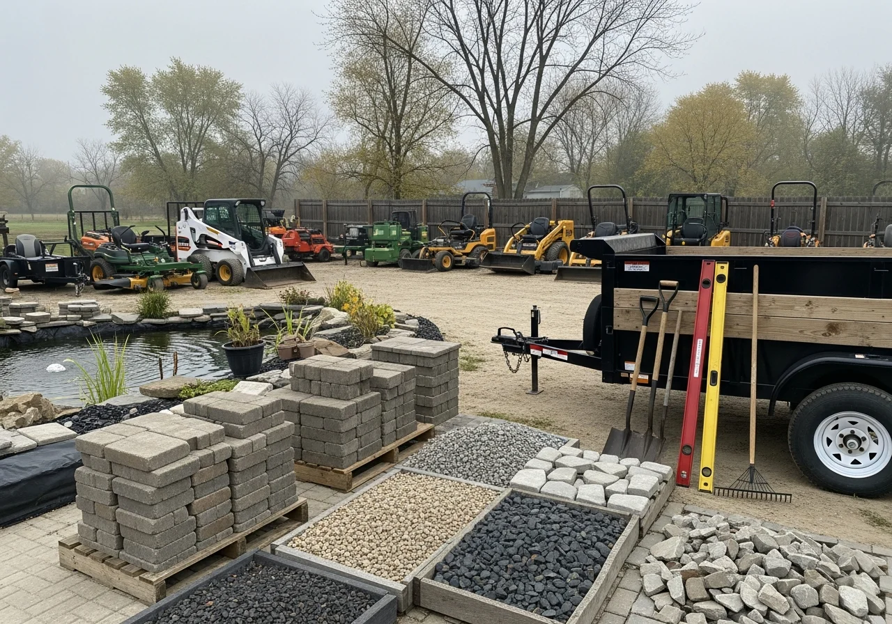 Professional landscaping crew with tools and equipment ready for outdoor installation work.