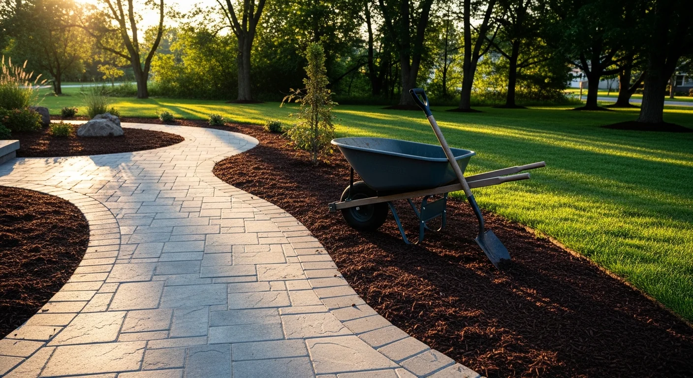 Professional landscaping installation with stone pathways and mulch beds in a residential yard