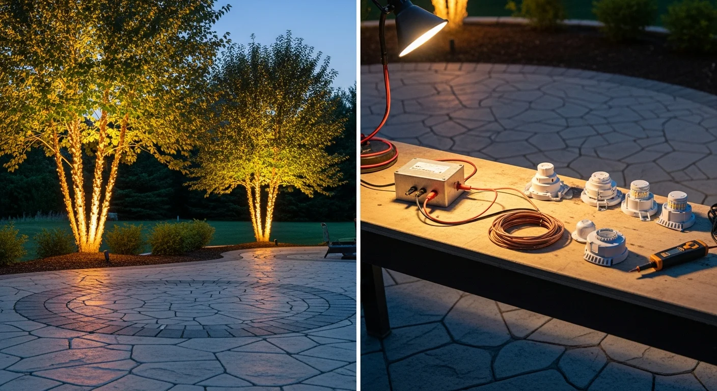 Outdoor landscape lighting illuminating stone pathways and garden beds at dusk