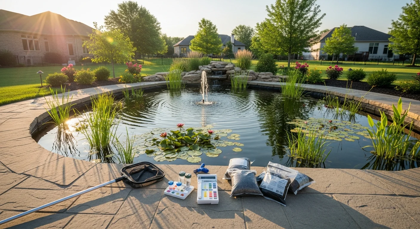 Custom koi pond with clear water, aquatic plants, and natural stone edging