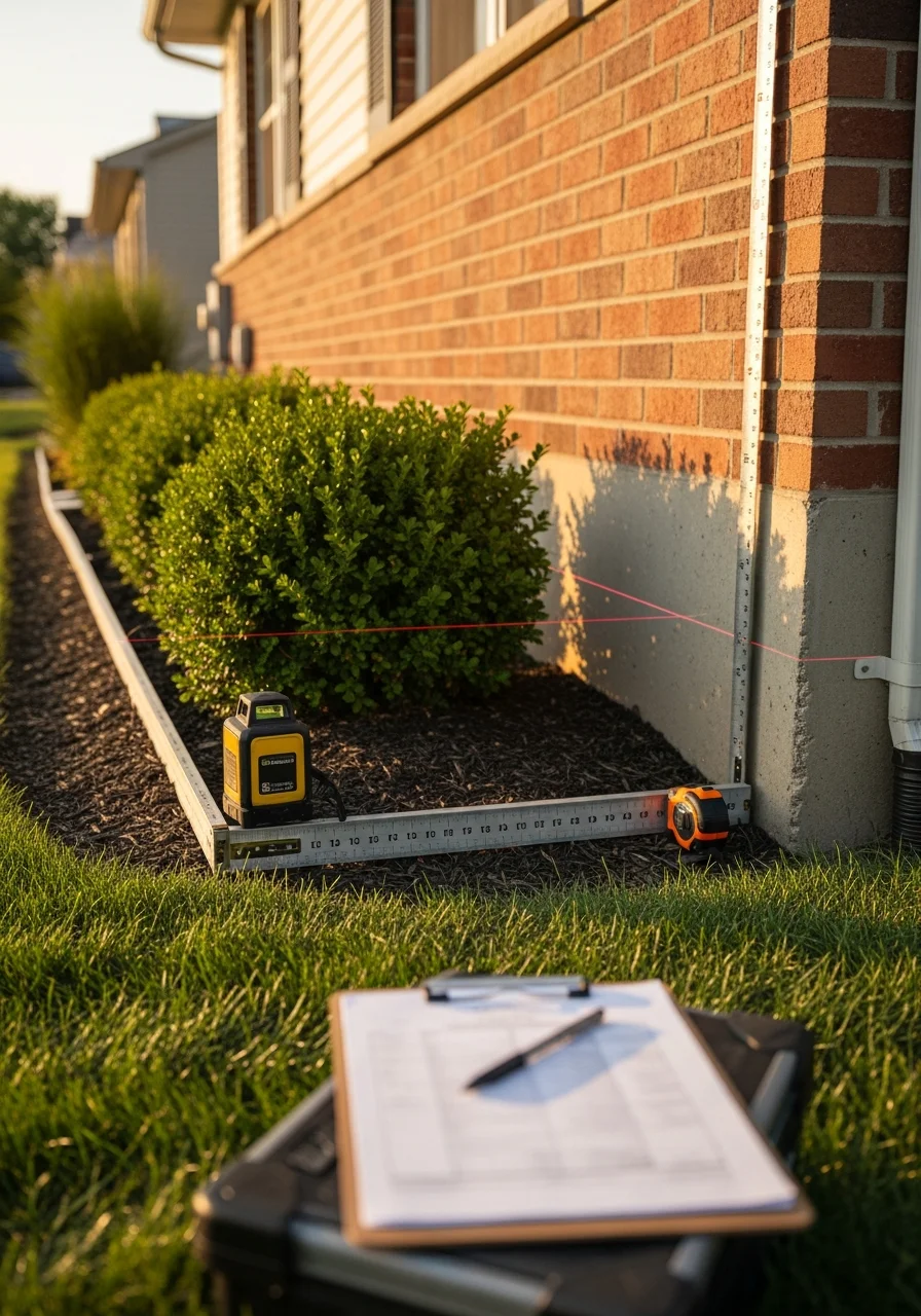 Foundation inspection showing measurement and documentation on a Bolingbrook home exterior.