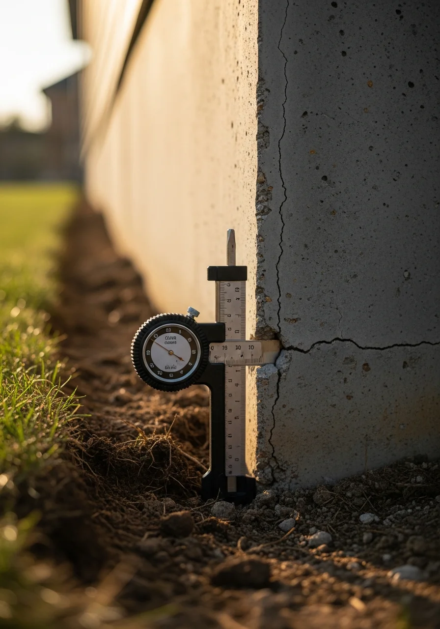 Close-up foundation inspection showing crack measurement and soil condition assessment on a Lisle home.
