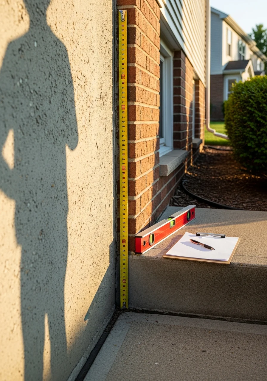 Foundation inspection in progress showing measurement and documentation on a Romeoville property exterior.