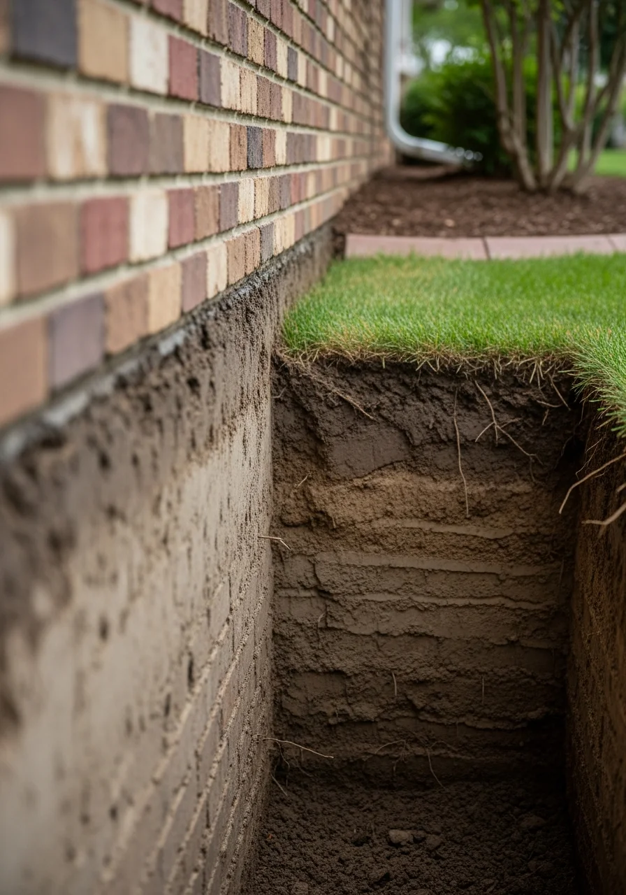 Close-up of foundation wall inspection on a Yorkville home showing soil grade and drainage.
