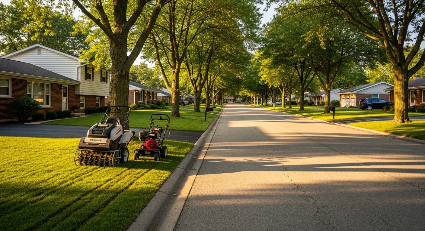 Yorkville residential street with ranch-style homes and mature trees lining the road.