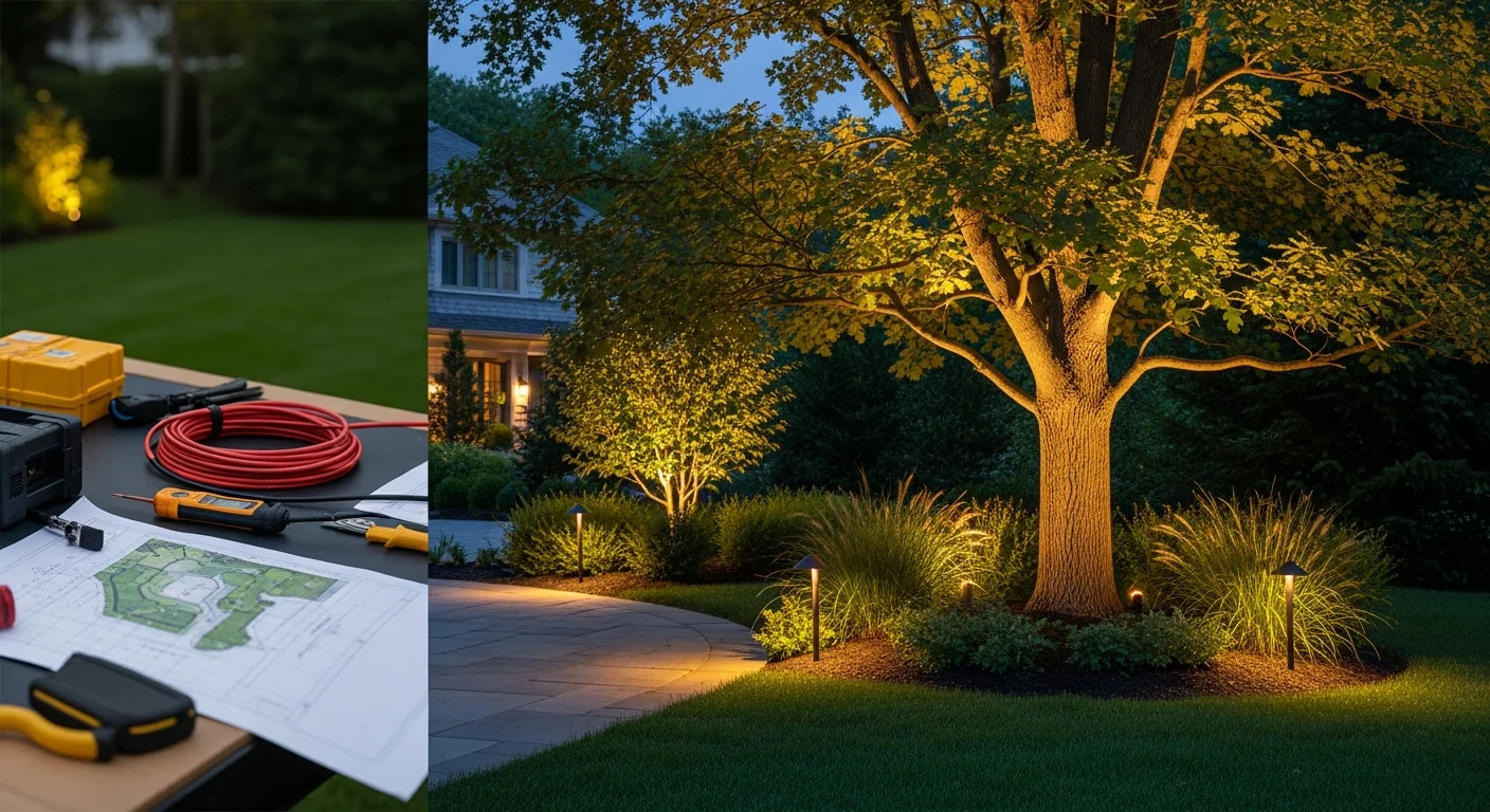 Low-voltage accent lighting installed by Aerate1 Landscaping & Ponds illuminating a backyard pond and mature trees on a Yorkville, IL residential property at night. Uplights cast focused beams across layered garden beds and a stone paver patio in the background.