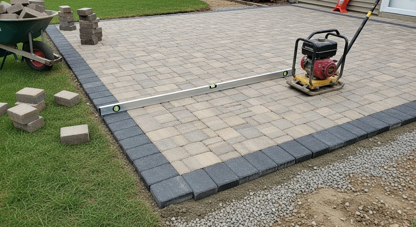 Newly installed brick paver patio in a Yorkville, IL backyard, showing tightly set pavers with clean edge cuts and a level surface extending from the rear of a single-family home. The surrounding lawn and landscaping reflect a typical Yorkville residential property on a flat suburban lot.