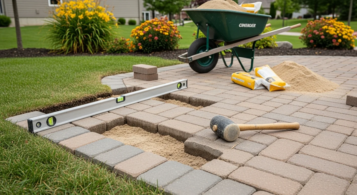 Repaired brick paver patio in a Yorkville, IL backyard showing a level surface with freshly packed joints and no visible sinking or displacement. Close view of reset pavers along a walkway edge with compacted base material visible during the repair process.