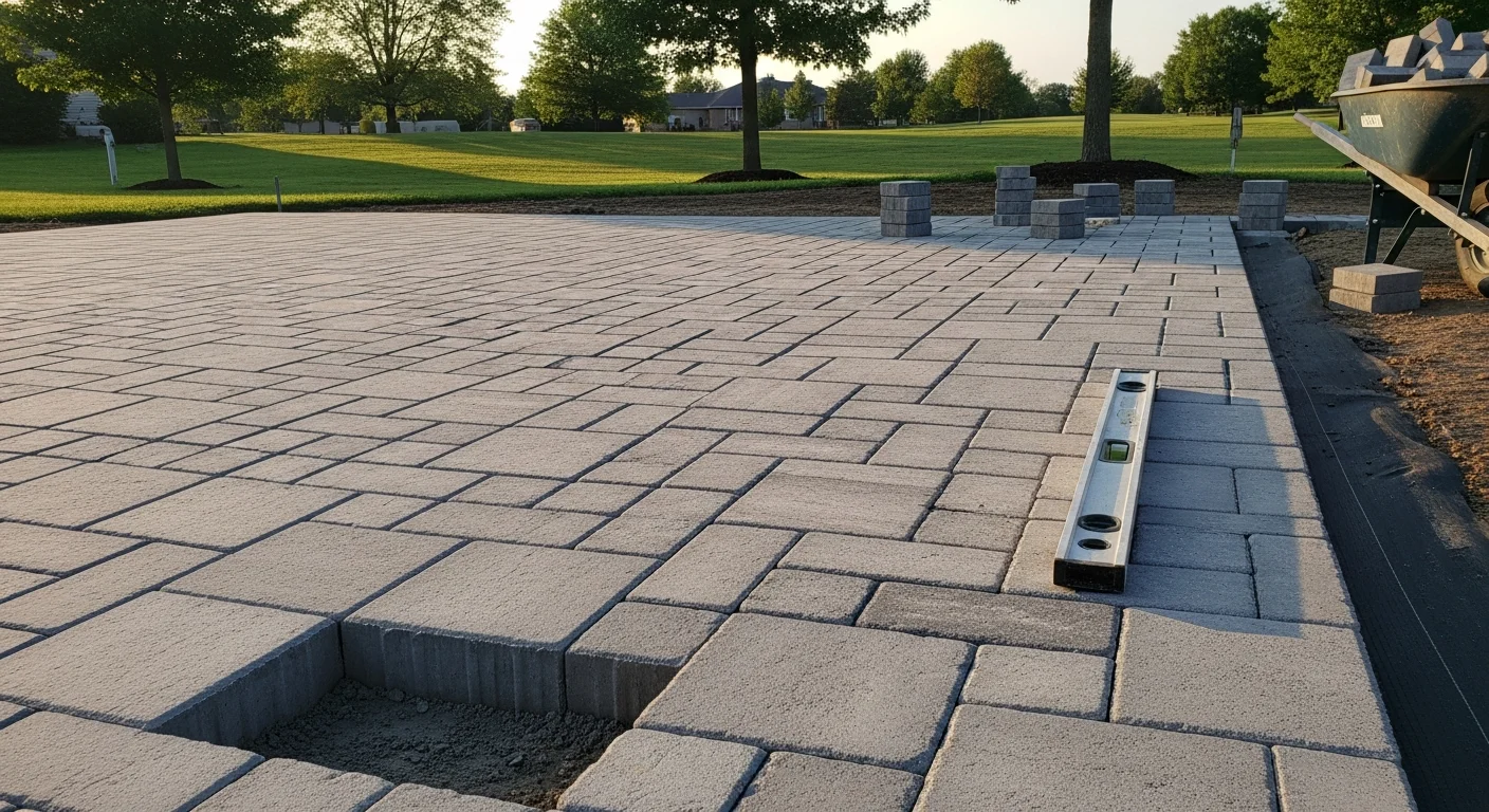 A completed backyard hardscape in Yorkville, IL featuring a paver patio with a built-in fire pit area and retaining wall along a sloped lot edge. The finished space connects to the home's rear entry with a paver walkway bordered by landscape beds.