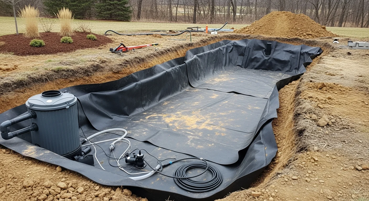 A completed backyard koi pond installed by Aerate1 Landscaping & Ponds in Yorkville, IL, with natural boulders, aquatic plants, and clear water visible in a residential yard. The pond edges blend into the surrounding lawn with a small waterfall feature flowing into the basin.