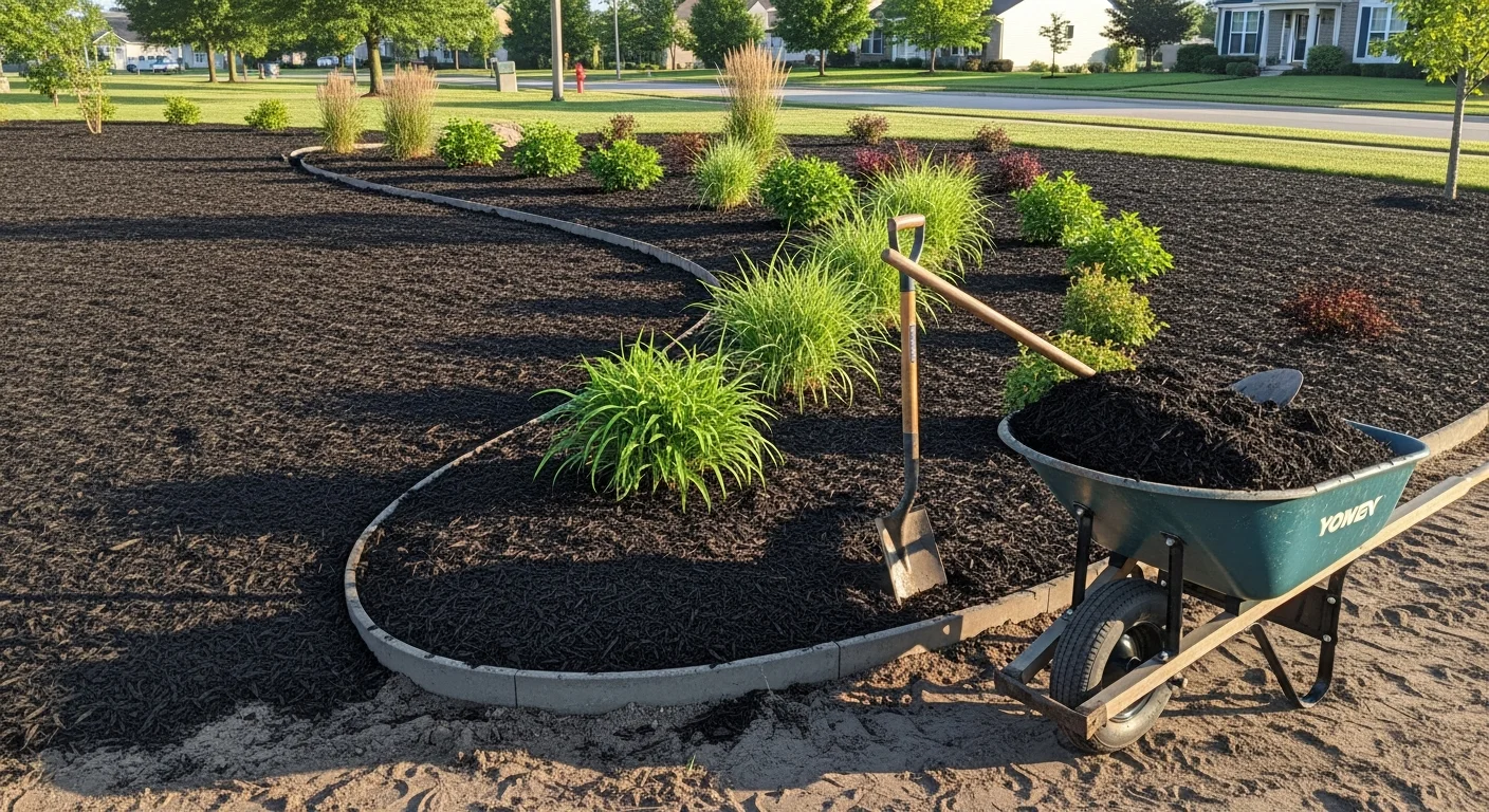 Freshly installed landscape bed with trees, shrubs, and mulched edging in front of a residential home in Yorkville, IL. The planting design reflects the clay soil and Zone 5b climate conditions common in Yorkville subdivisions.