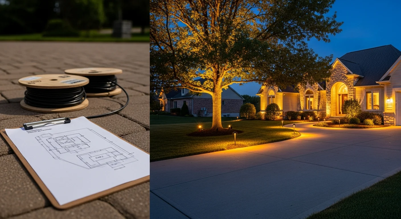 Custom landscape lighting design on a single-family home in Yorkville, IL, with low-voltage path lights lining the front walkway and uplights aimed at mature trees and a front garden bed. The nighttime scene shows the home's exterior and landscaping clearly lit without glare or light spill onto neighboring properties.