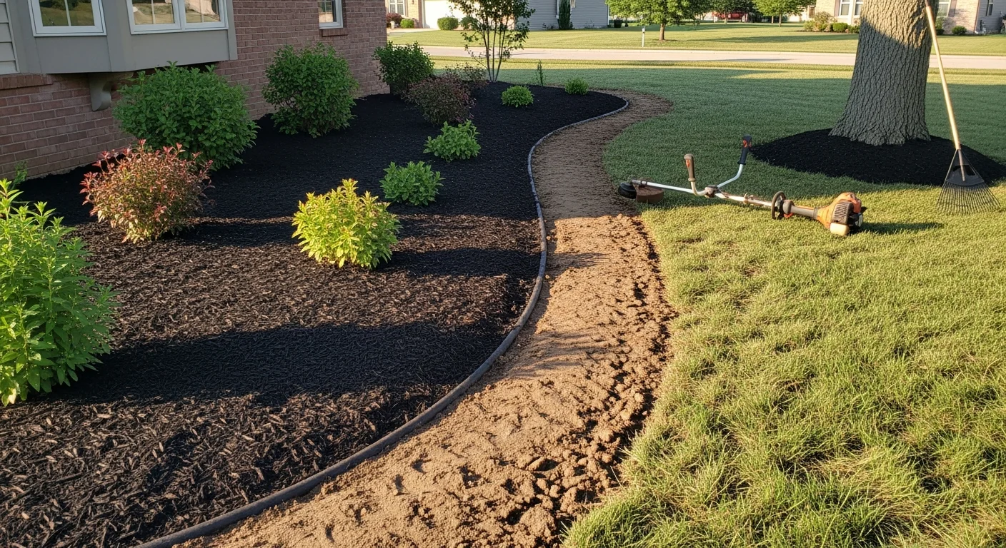 A well-maintained residential lawn in Yorkville, IL with clean mowed turf, defined bed edges, and fresh mulch around established shrubs. The property reflects consistent seasonal landscape maintenance on a suburban lot in Kendall County.