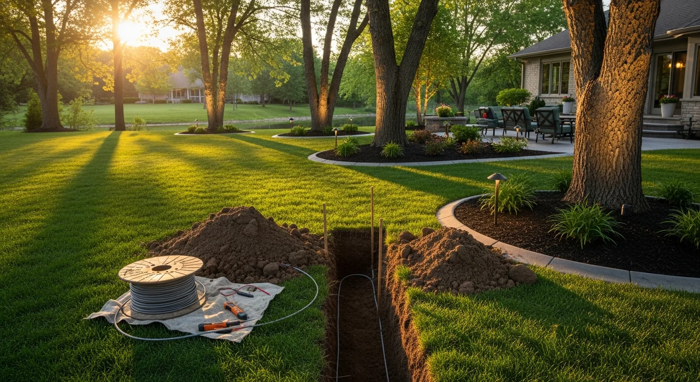Outdoor lighting installation at a Yorkville, IL residential property showing lit pathway lights along a garden bed edge and accent fixtures highlighting a backyard pond at dusk. Low-voltage fixtures are mounted flush with the landscape on a mature, tree-lined lot.