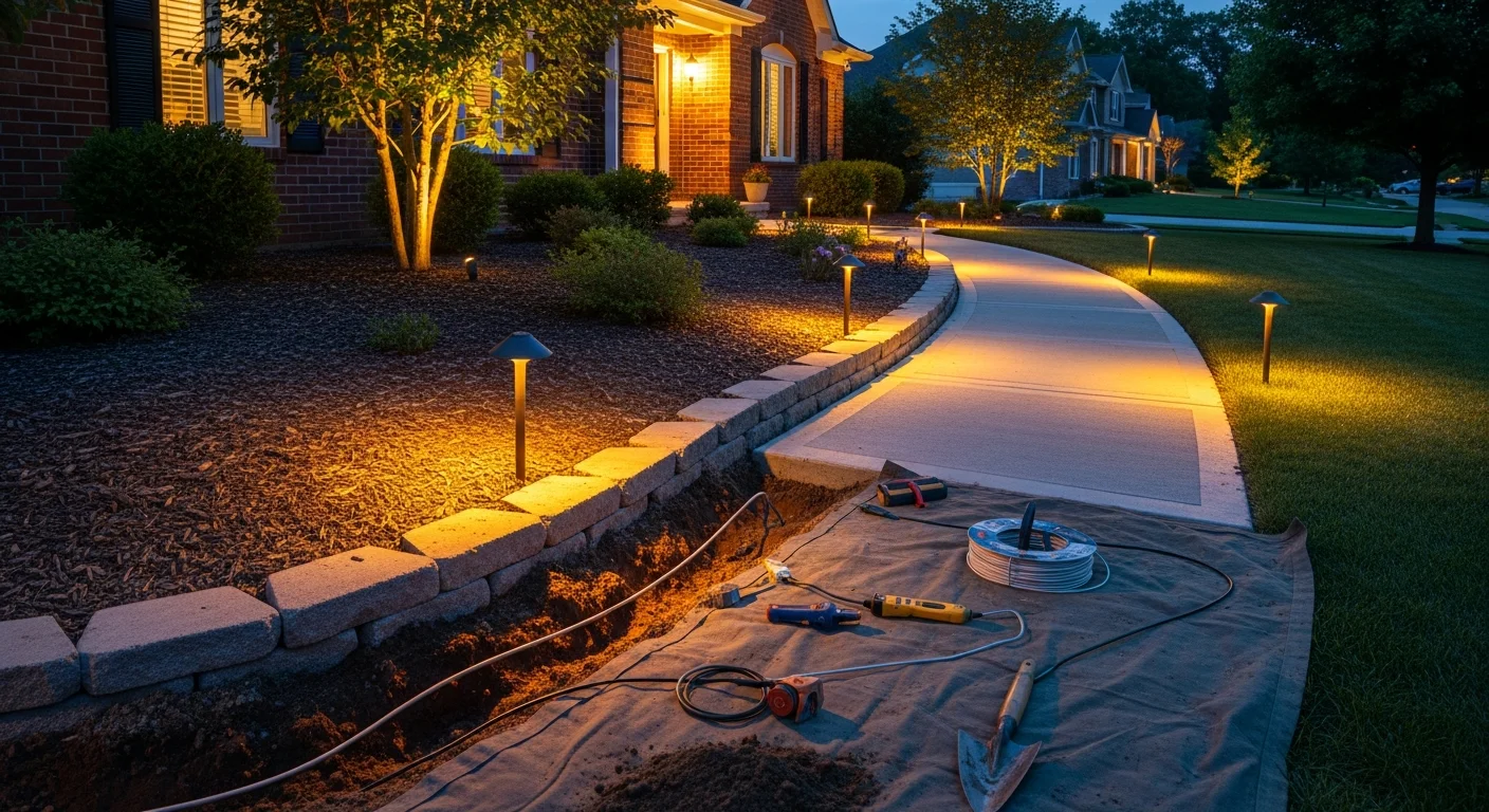 Professionally installed low-voltage pathway lights lining a curved front walkway at a residential property in Yorkville, IL, with warm ground-level illumination visible after dark. Stone edging and trimmed lawn borders frame the lit path leading to a home's front entry.