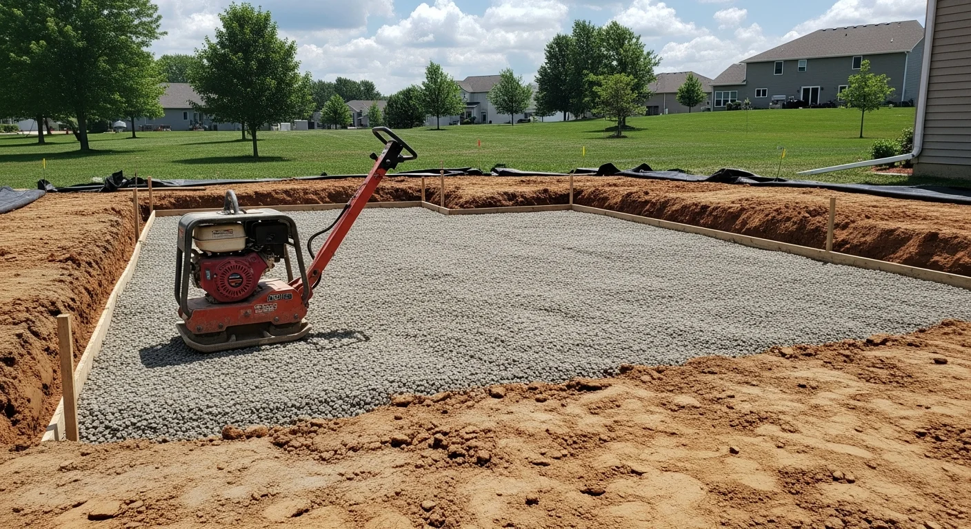 Completed paver patio installation in a Yorkville, IL backyard showing a level surface with defined edges, outdoor seating area, and clean transition to the surrounding lawn. Installed by Aerate1 Landscaping & Ponds.