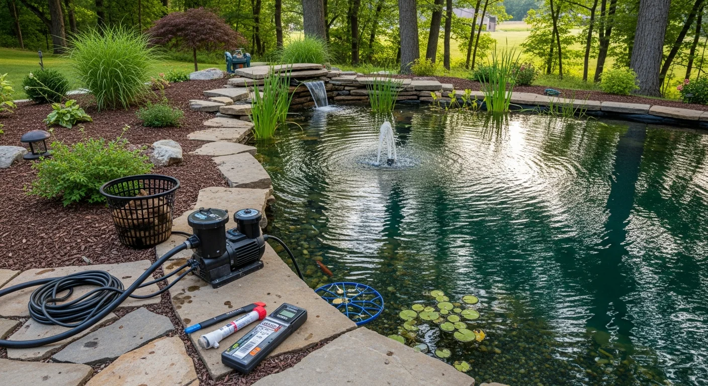 A clear, well-maintained backyard koi pond with natural stone edging after a professional cleaning visit in Yorkville, IL. A pond contractor inspects the filtration system beside the water feature on a residential property in Kendall County.