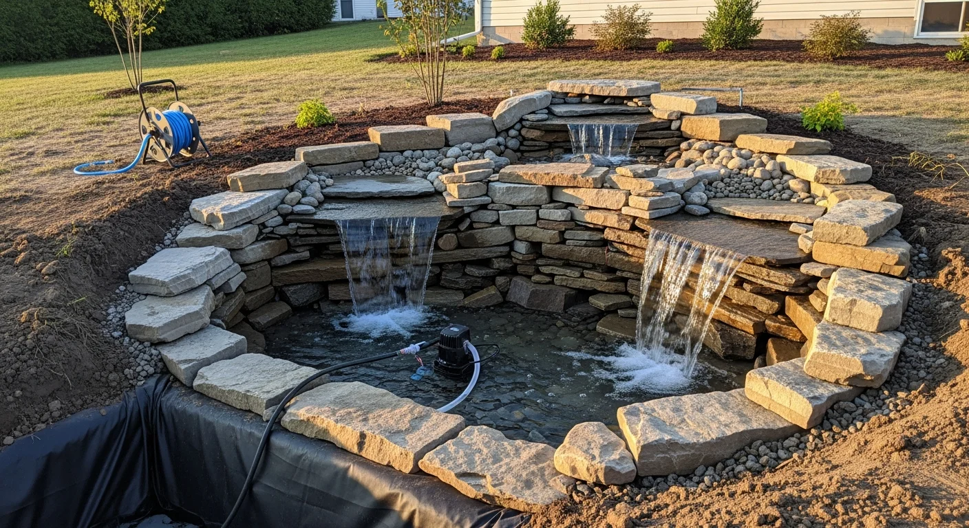 A custom pondless waterfall installed in a Yorkville, IL residential backyard, with water cascading over layered natural rock into a gravel-covered reservoir bed. The feature is set into a sloped lawn with surrounding plantings typical of a Kendall County home landscape.