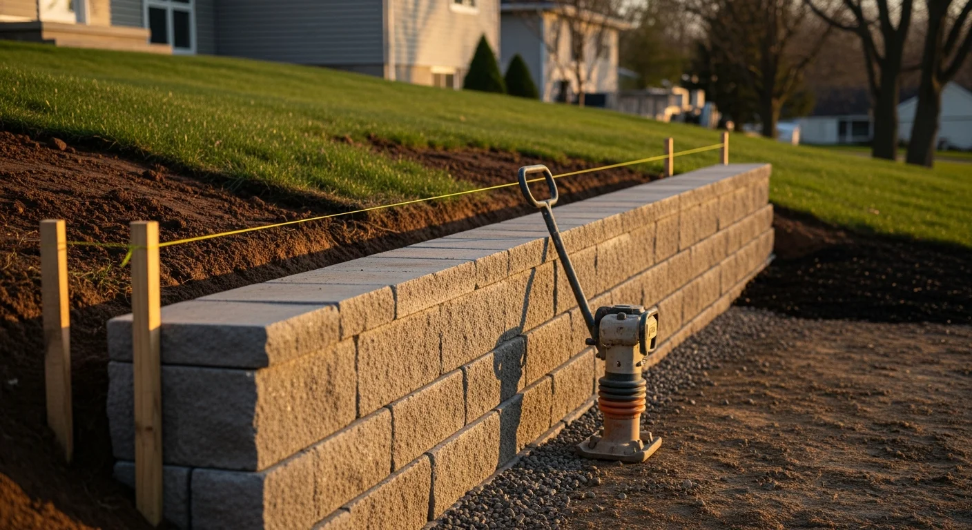 A newly installed retaining wall on a sloped residential yard in Yorkville, IL, with clean block coursing holding back a terraced garden bed. The wall steps down a clay-heavy grade behind a single-family home in a Yorkville subdivision.