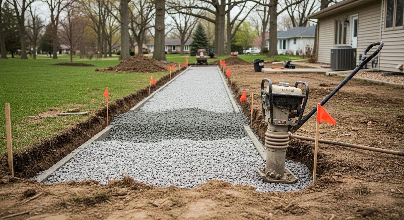 A freshly installed hardscape walkway leading from a residential front entry to the backyard on a Yorkville, IL property, with compacted paver stones set level on a clay-soil lot. The path curves past a landscaped bed toward a backyard pond feature on a clear Illinois afternoon.