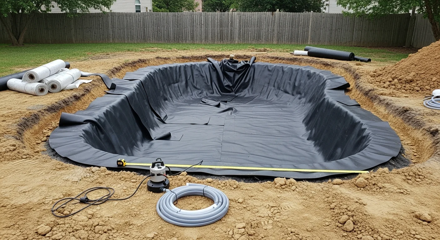 A completed backyard ecosystem pond with natural boulders, aquatic plants, and a small waterfall installed by Aerate1 Landscaping & Ponds at a residential property in Yorkville, IL. The water feature is set into a graded lawn with surrounding plantings blended into the landscape.